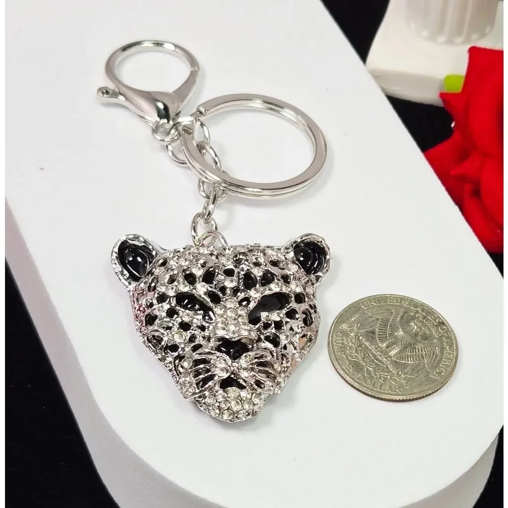 Silver Leopard Head Rhinestone Bag Charm Keychain Black Crystal Animal Keyring